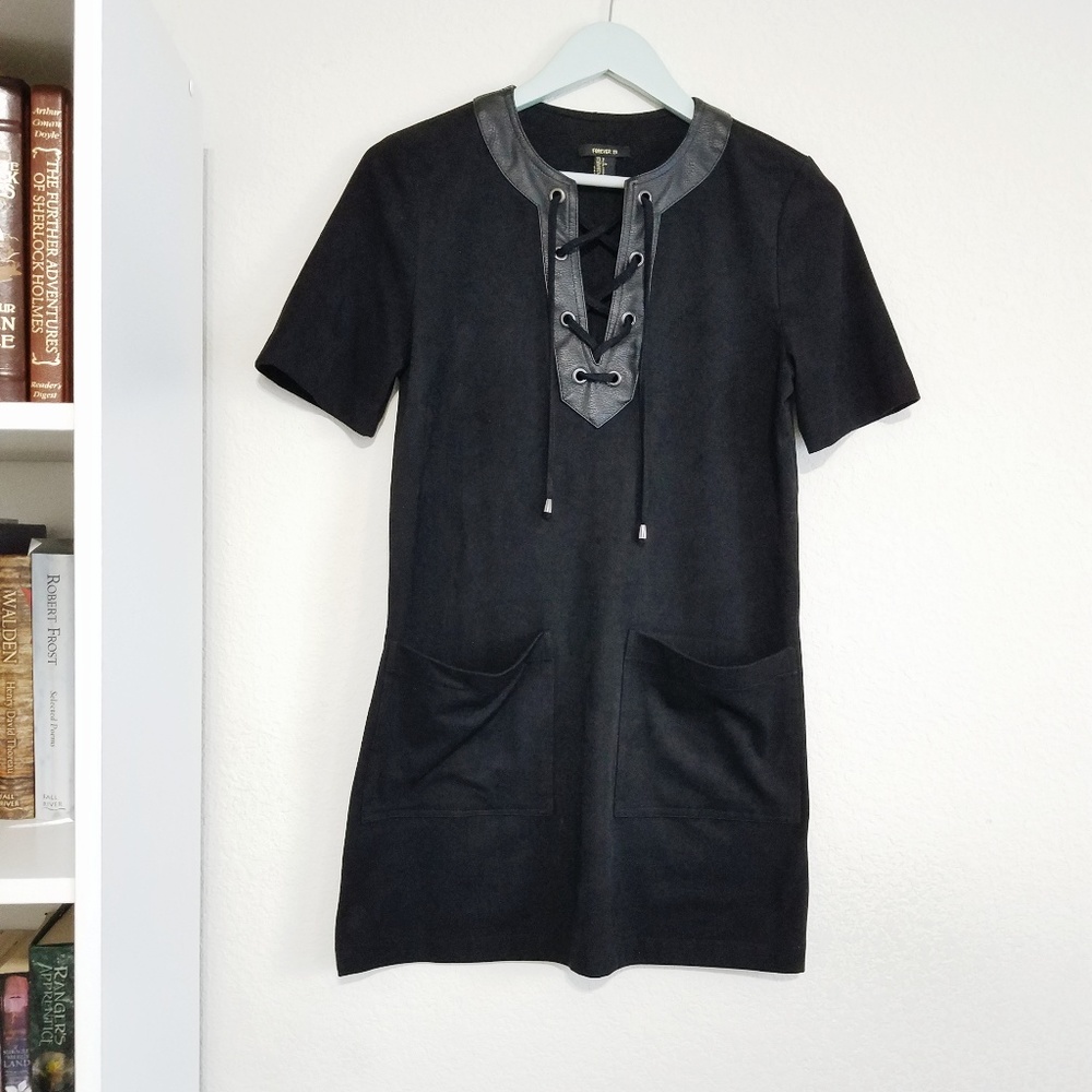 Rare Black Faux Suede Lace Up Mini Dress